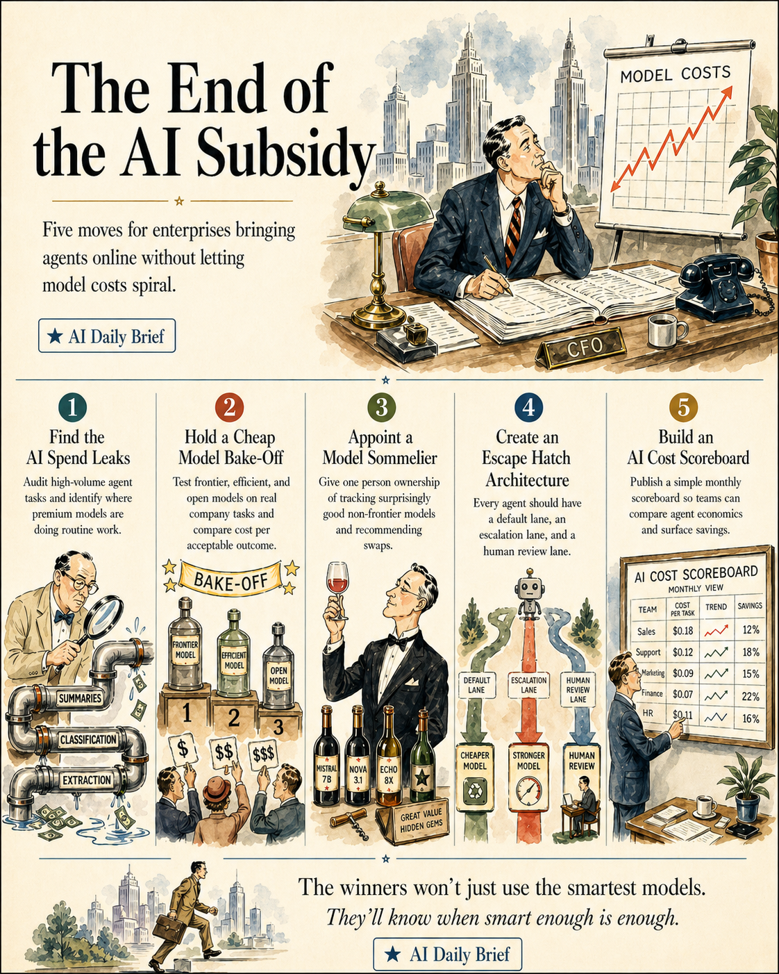 Illustrated poster explaining five ways to manage AI model costs.